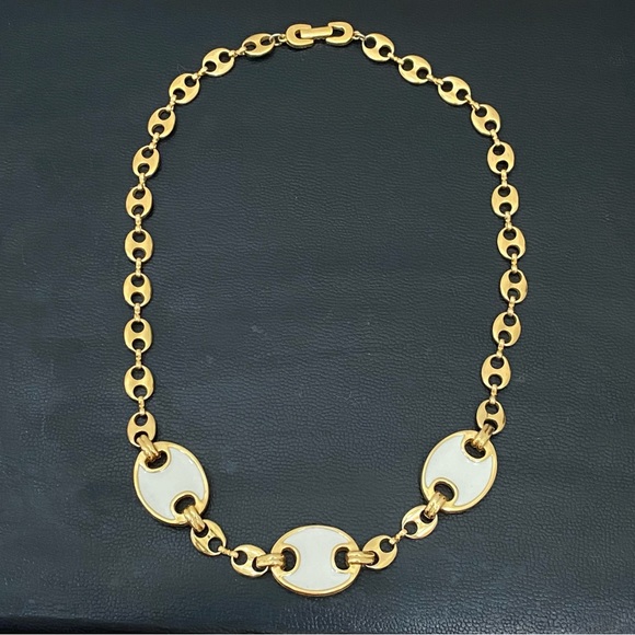 Vintage Unsigned Gold-tone White Enameled Mariner Link Chain 18” Necklace 43.1g - Picture 8 of 12
